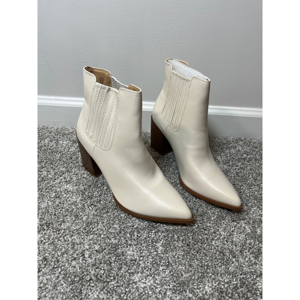 Cream Faux Leather Pointed Toe Block Heel Ankle Boots Womens 8.5 Booties